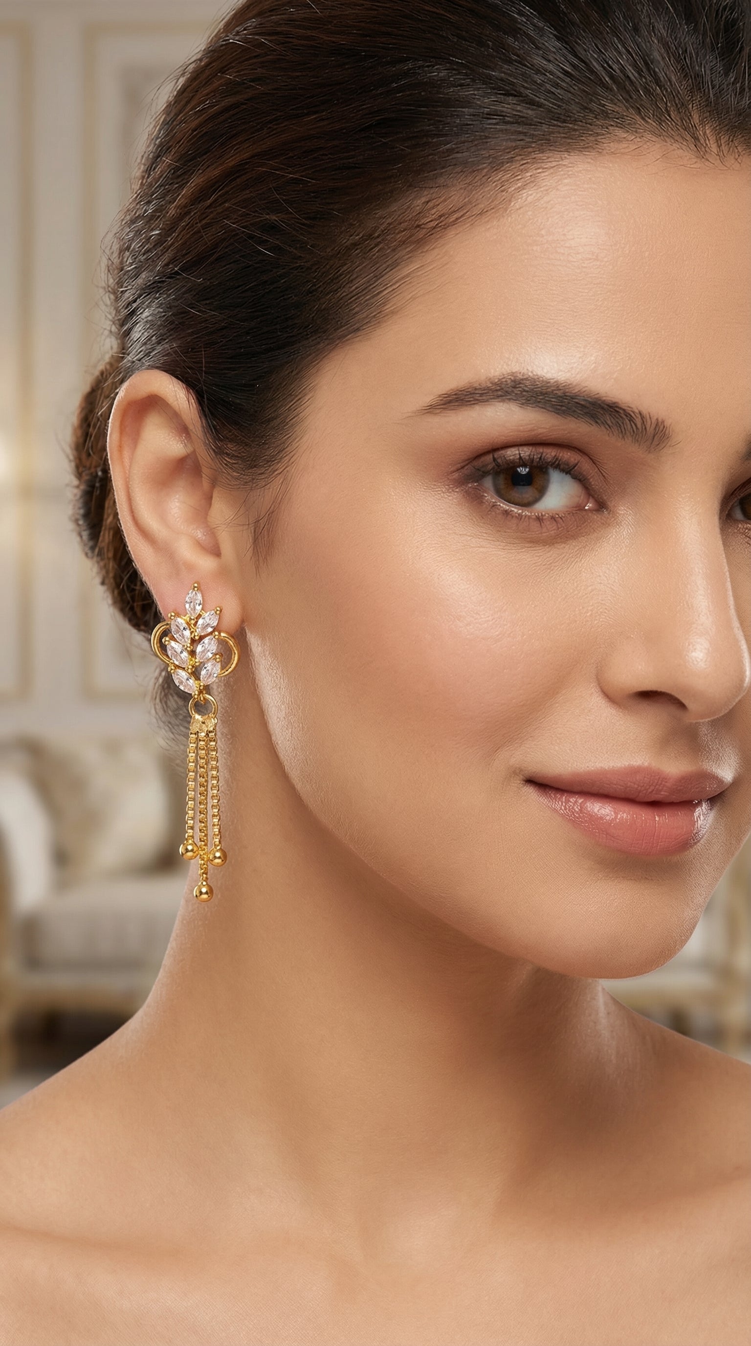 Elegant Crystal Leaf Tassel Earrings