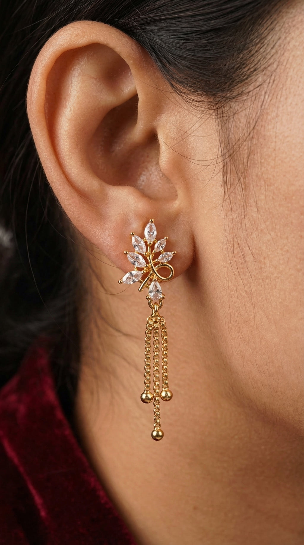 Crystal Leaf Tassel Drop Earrings