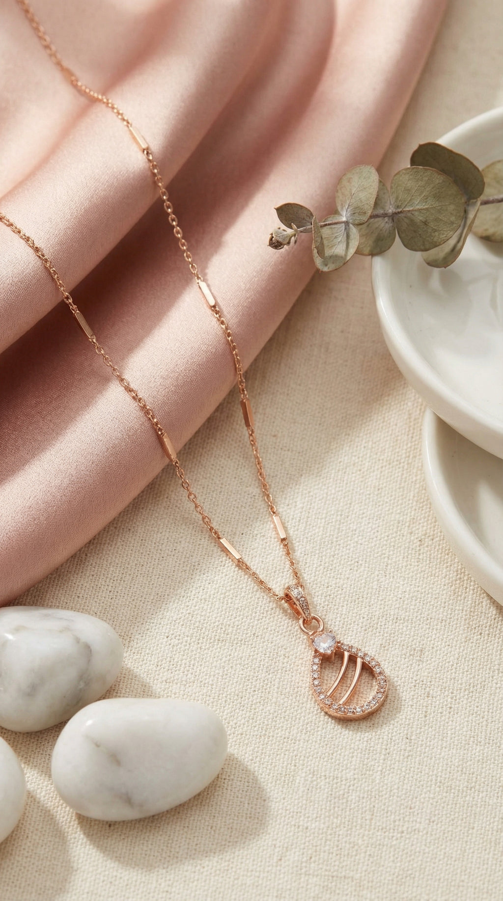Rose Gold Wave Teardrop Crystal Pendant Necklace