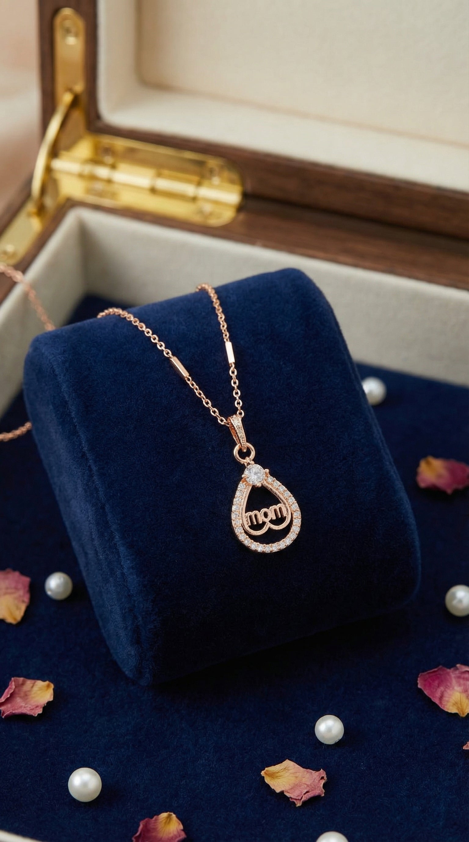 Rose Gold Mom Teardrop Crystal Pendant Necklace