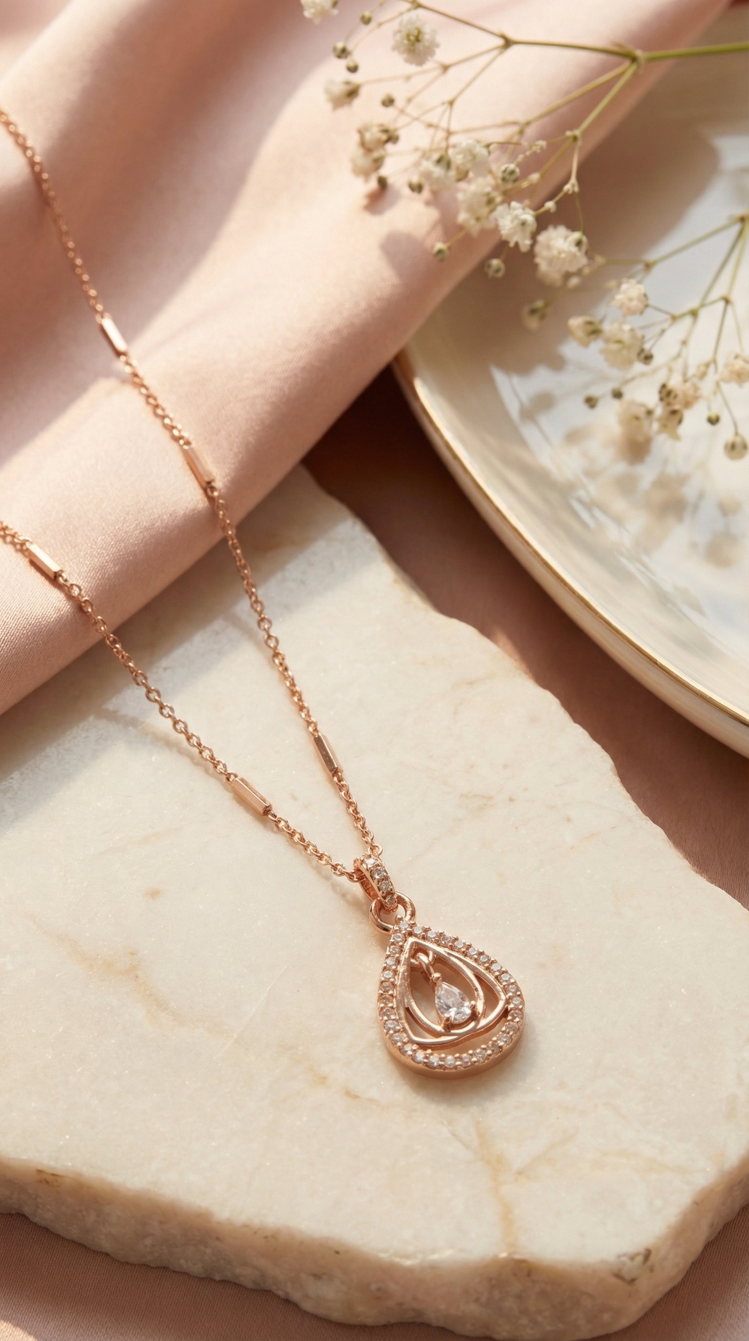Rose Gold Double Teardrop Crystal Pendant Necklace