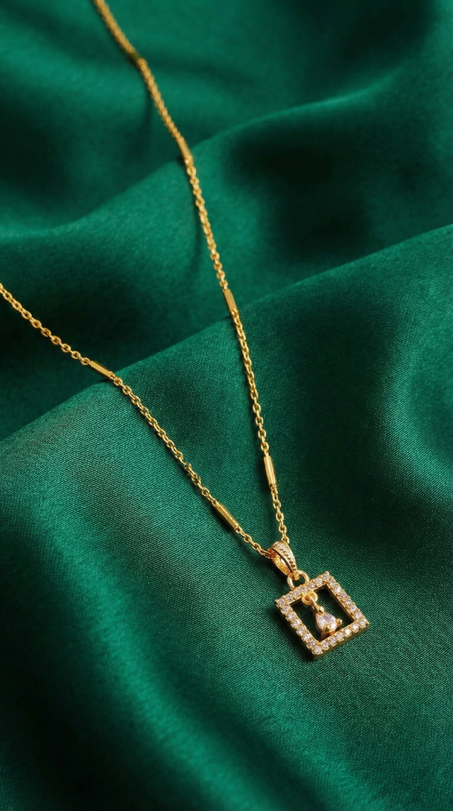 Golden Square Crystal Drop Pendant Necklace