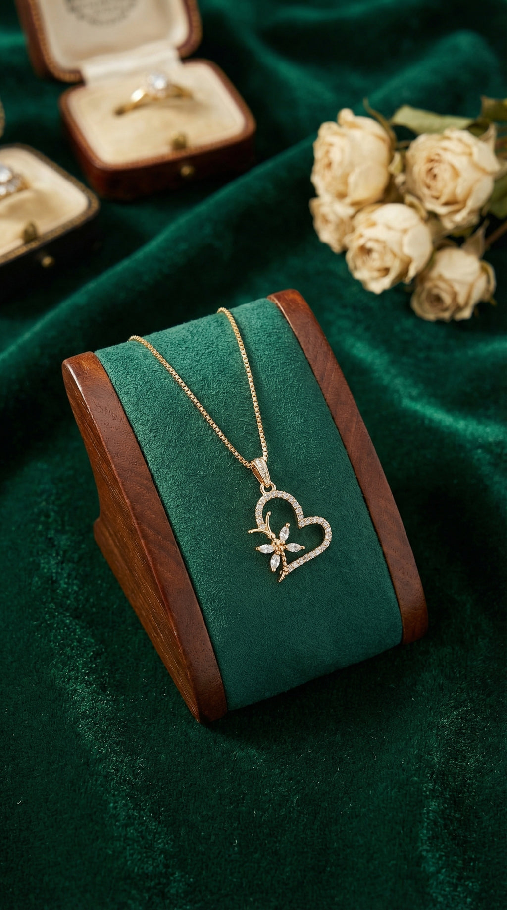 Elegant Butterfly Heart Crystal Pendant Necklace