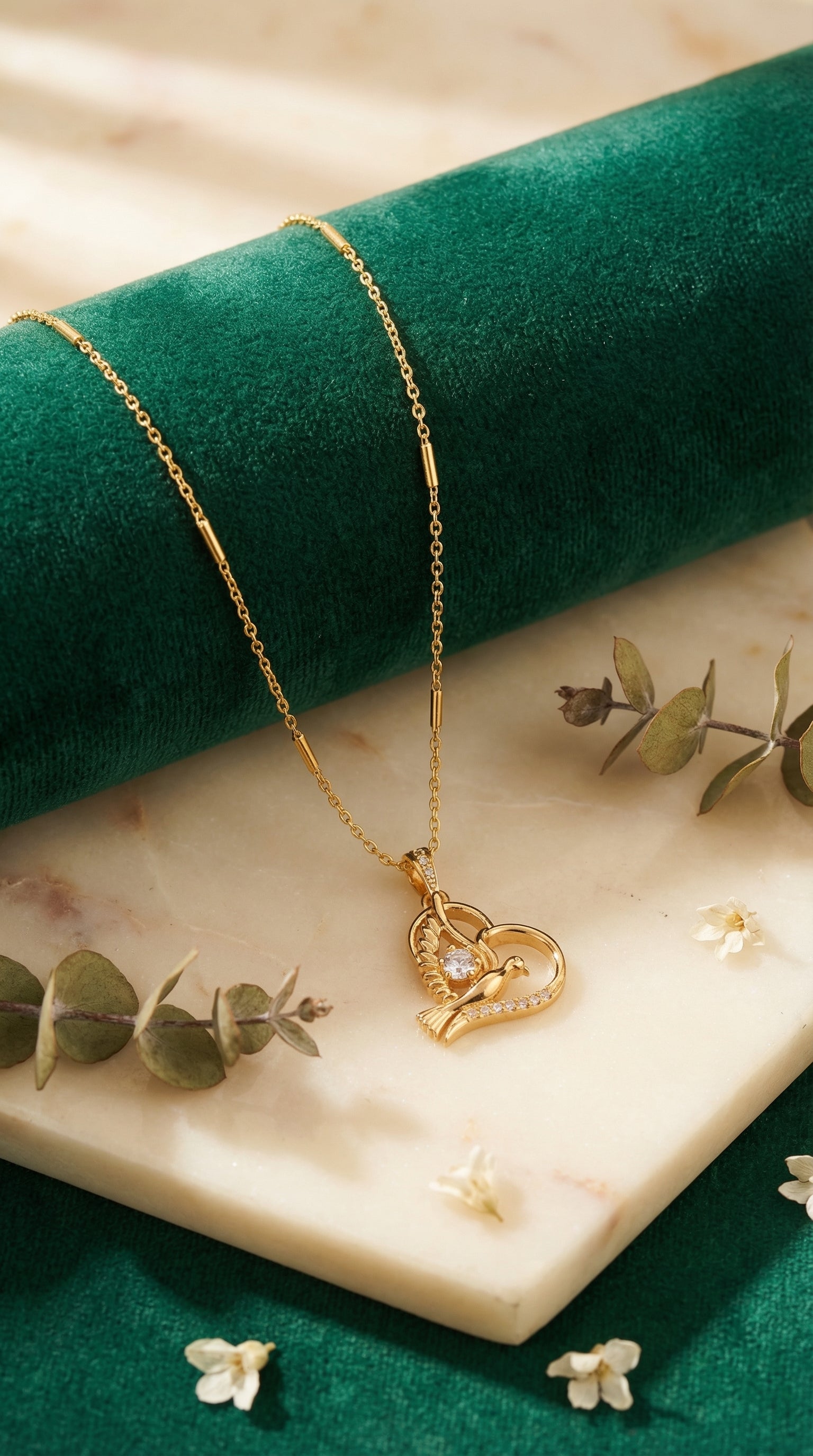 Golden Lovebird Heart Pendant Necklace