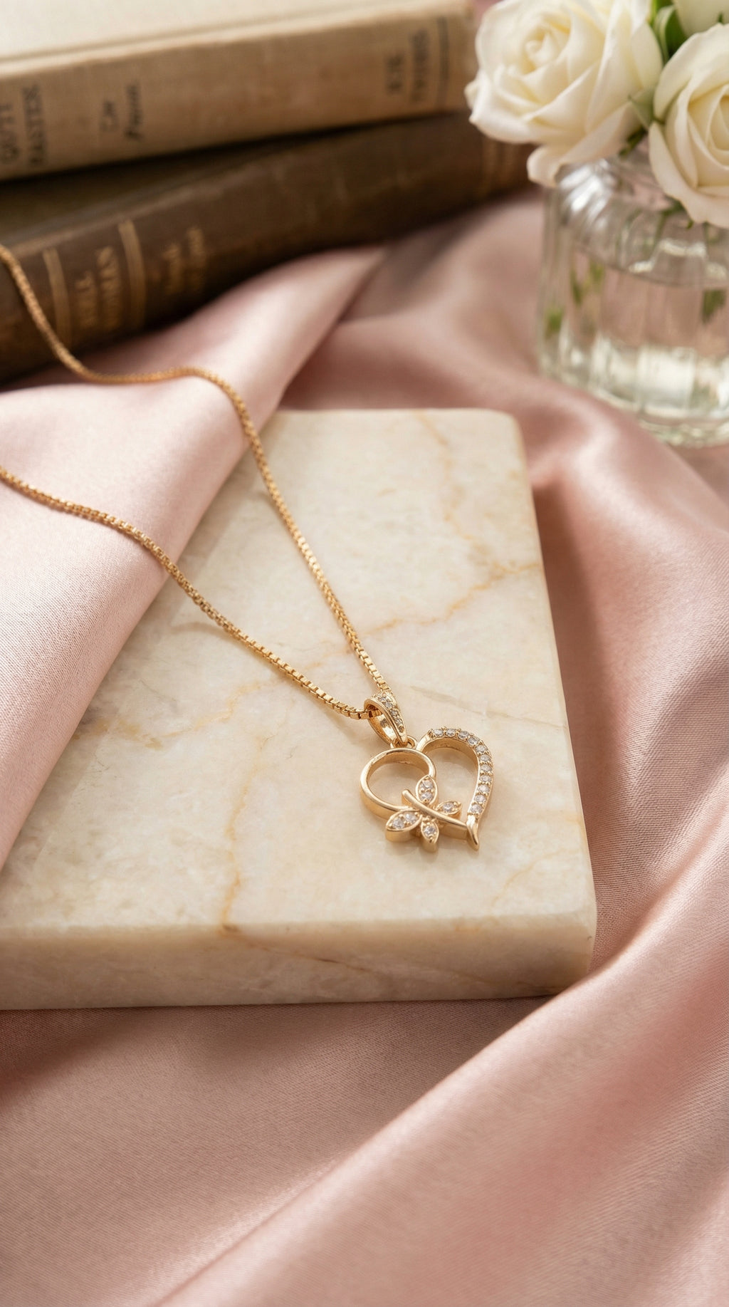 Elegant Double Heart Butterfly Pendant Necklace