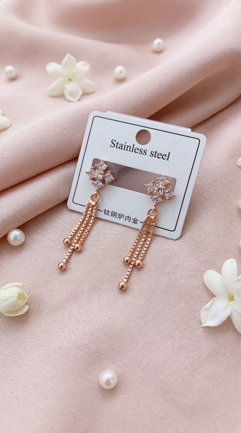 Sparkling Floral Crystal Tassel Earrings