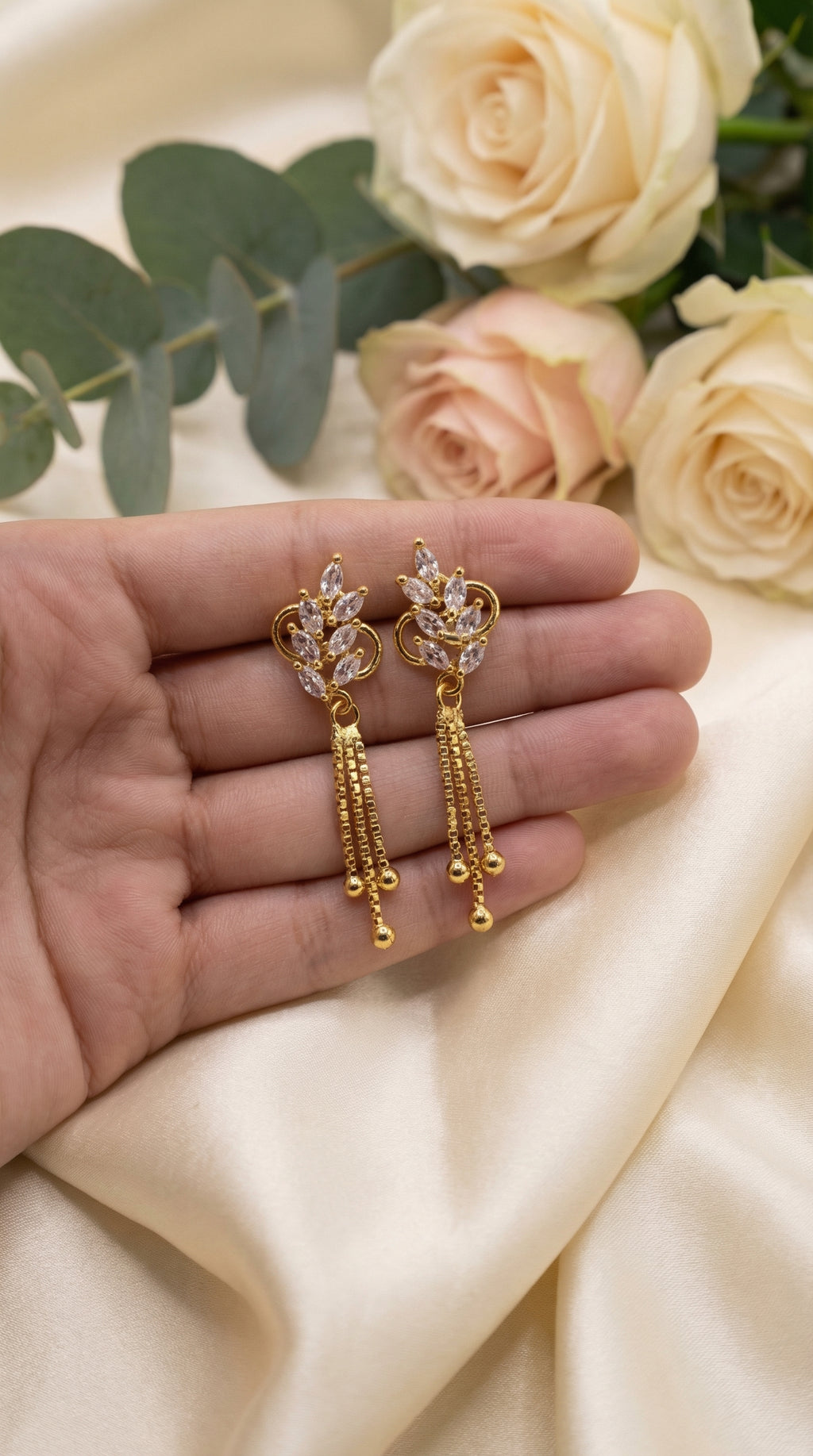Elegant Crystal Leaf Tassel Earrings