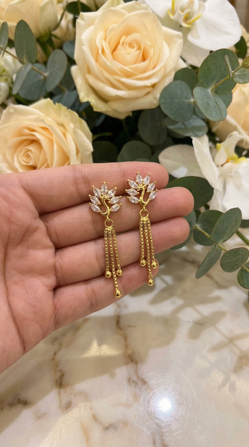 Elegant Crystal Leaf Tassel Drop Earrings