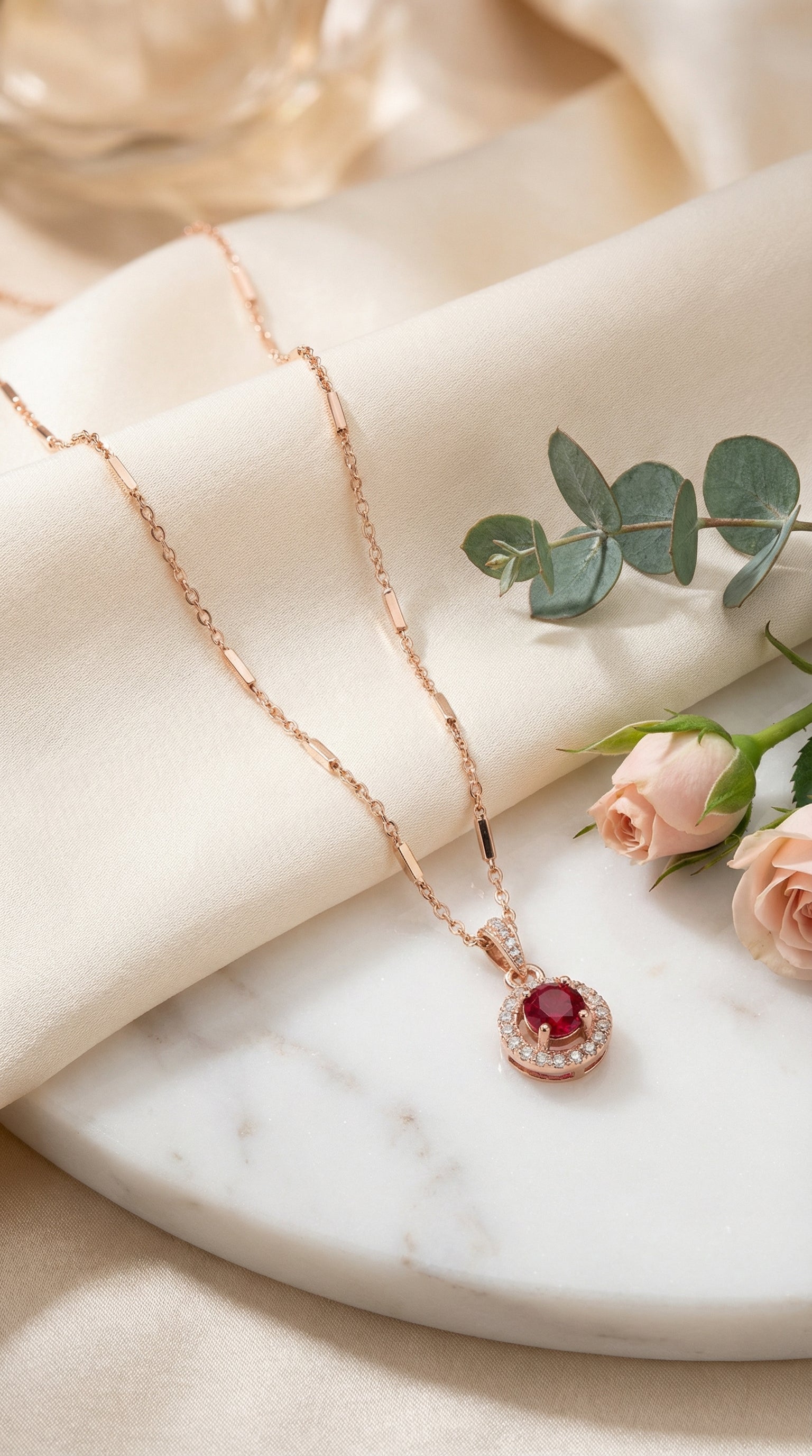 Elegant Ruby Halo Round Pendant Necklace