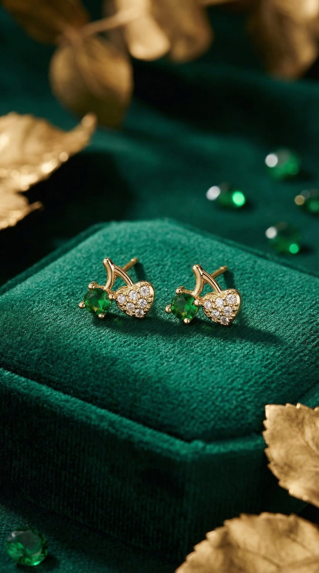 Emerald Cherry Heart Stud Earrings