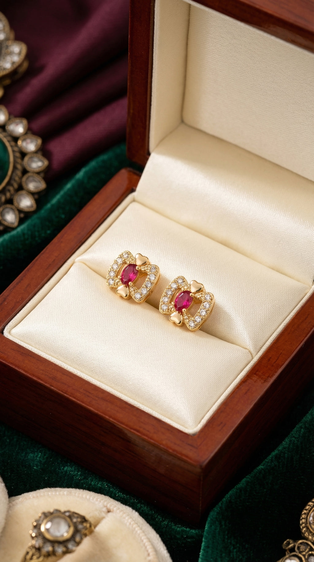 Royal Ruby Heart Sparkle Stud Earrings