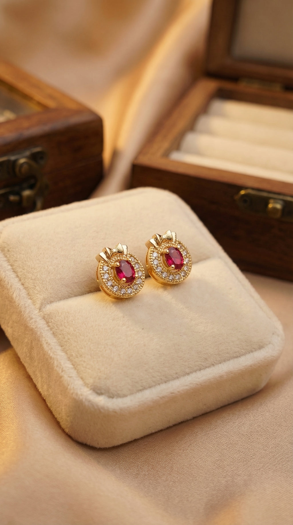 Royal Ruby Crown Halo Stud Earrings