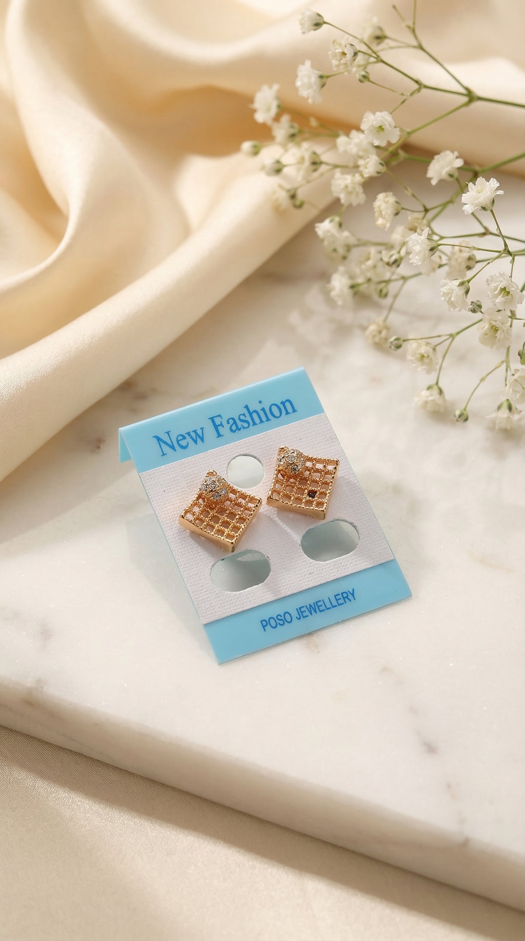 Golden Grid Sparkle Stud Earrings