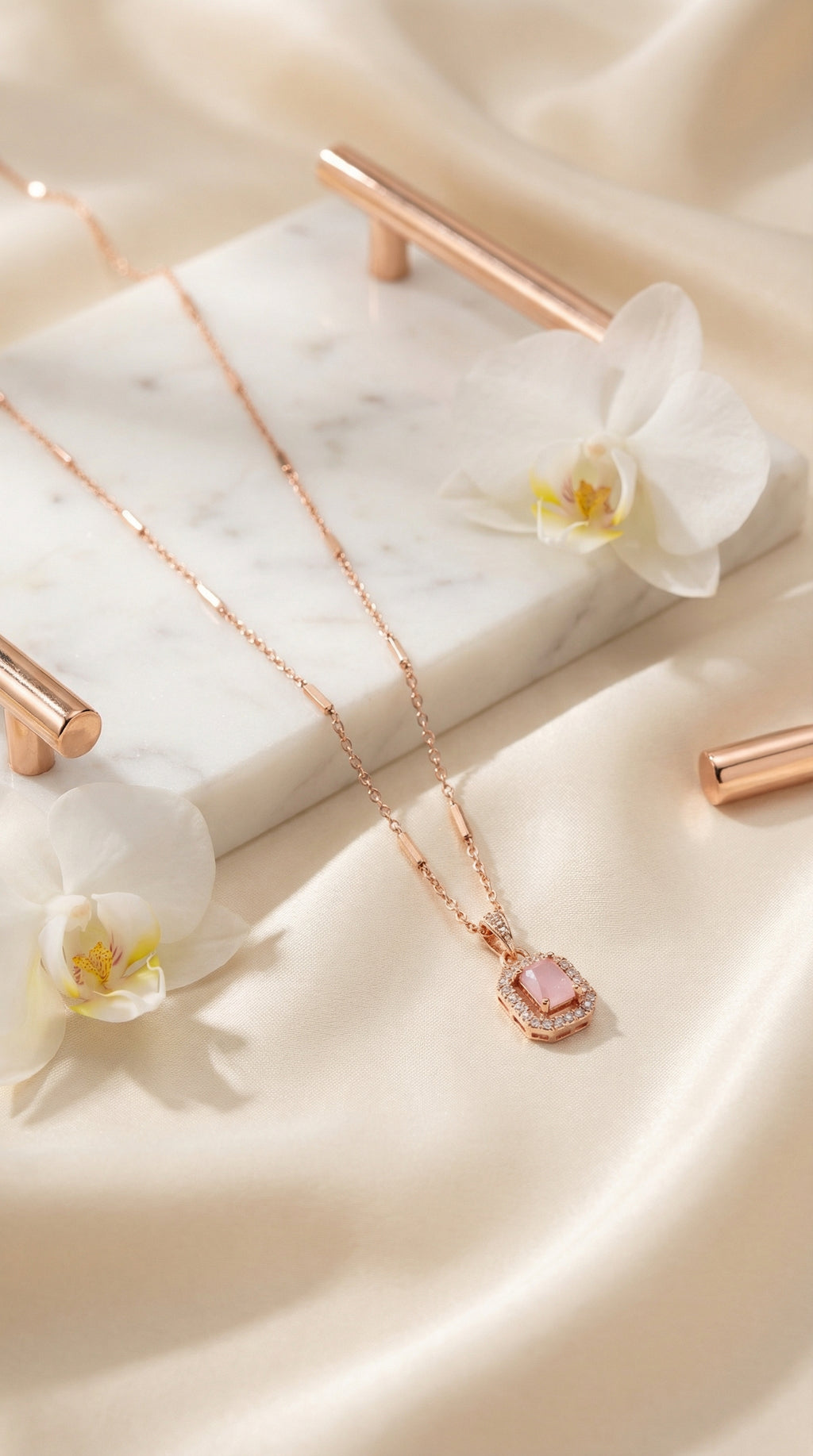 Elegant Pink Halo Square Pendant Necklace
