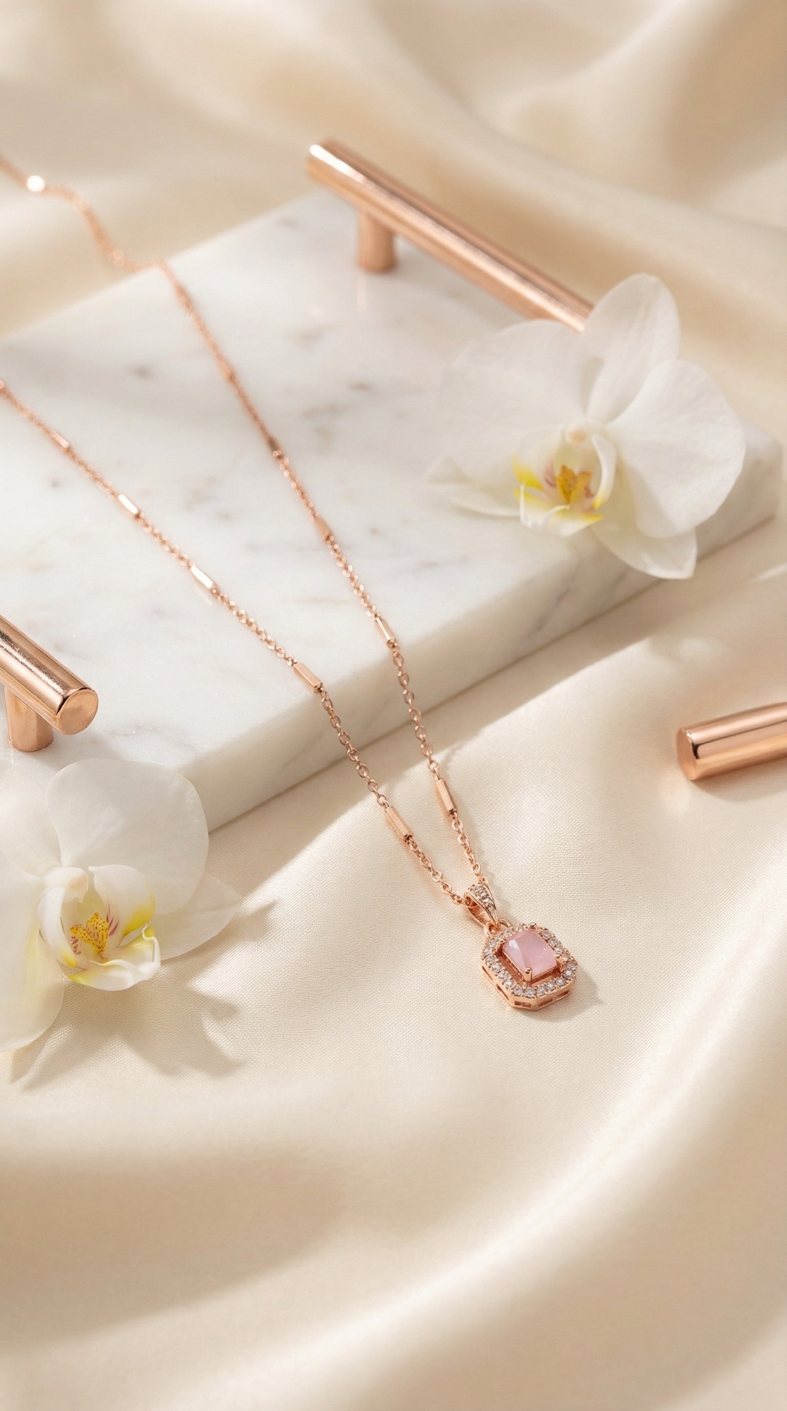 Elegant Pink Halo Square Pendant Necklace