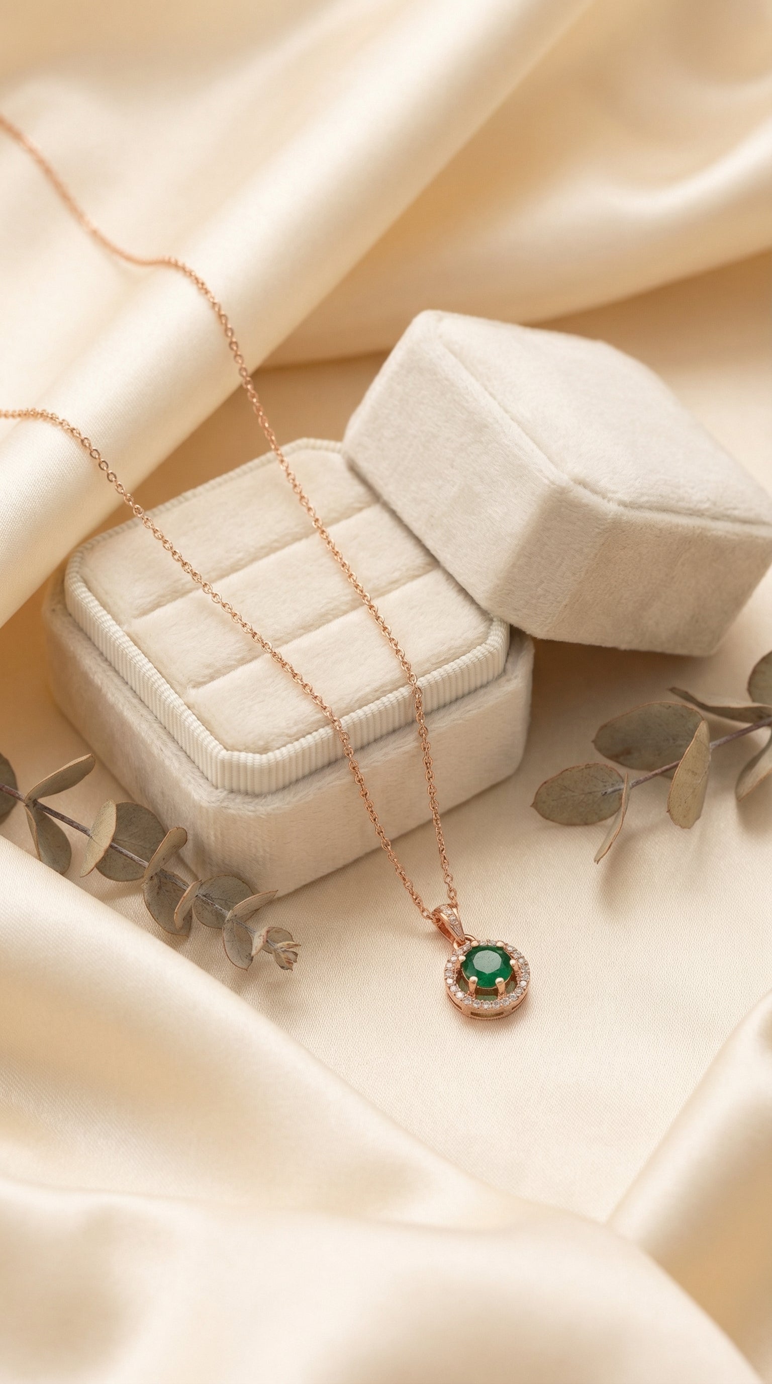 Elegant Emerald Halo Round Pendant Necklace