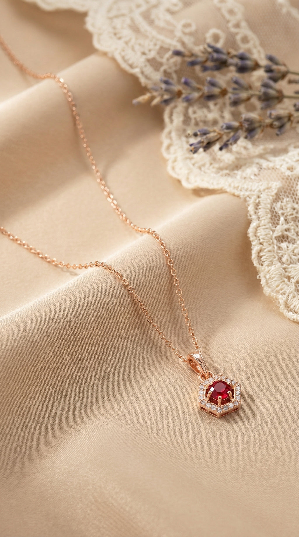 Elegant Ruby Halo Round Pendant Necklace