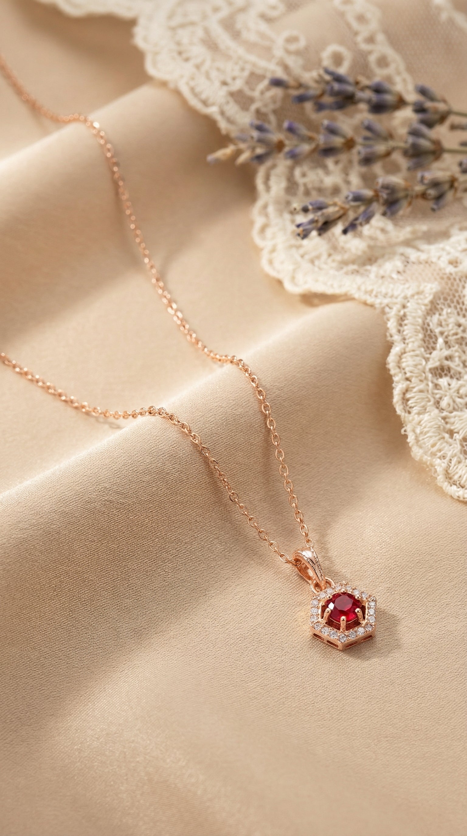 Elegant Ruby Halo Round Pendant Necklace