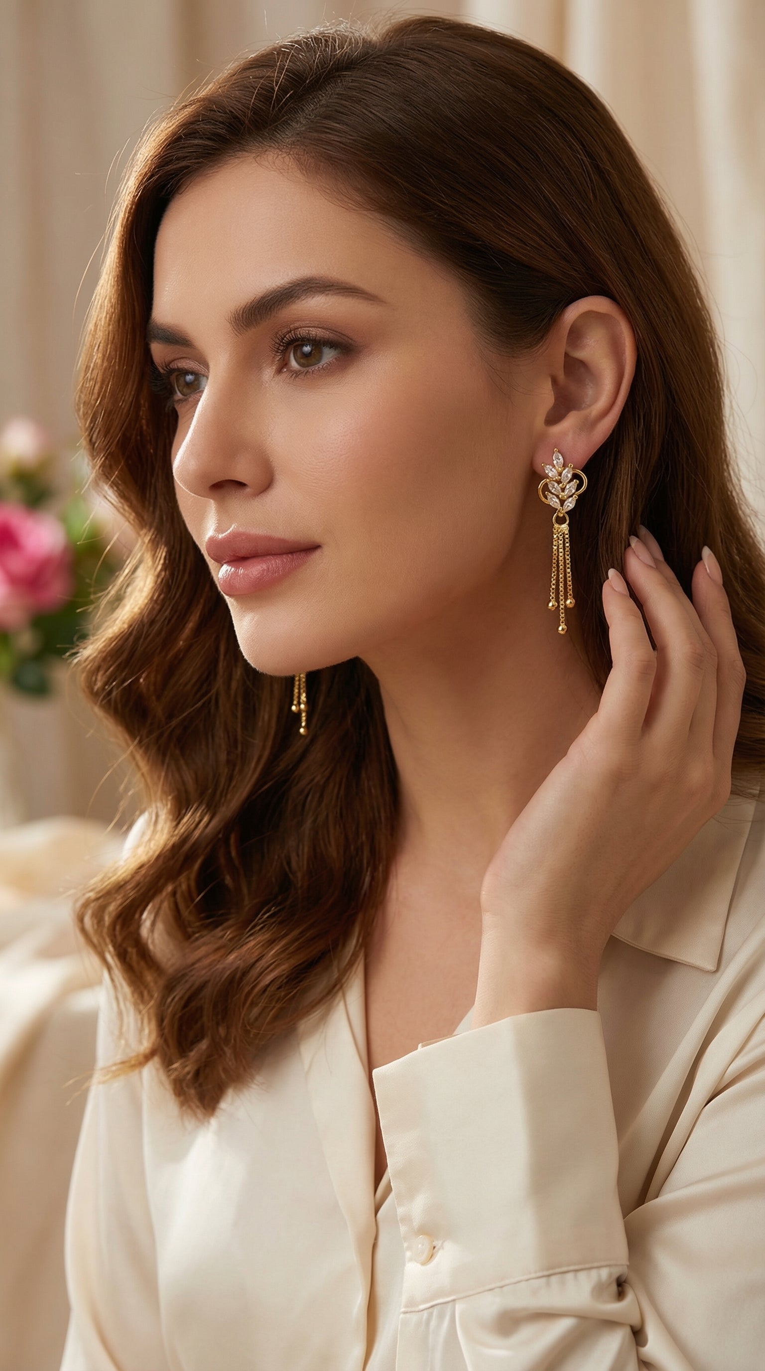 Elegant Crystal Leaf Tassel Earrings