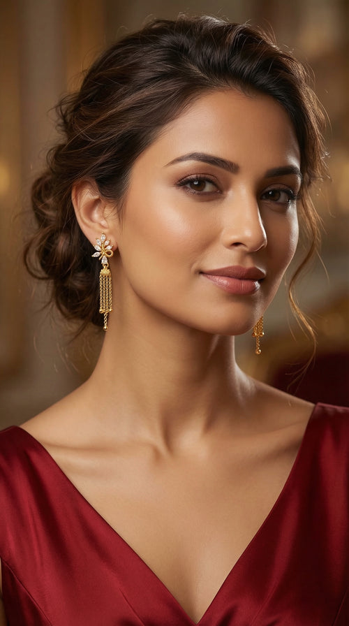 Crystal Leaf Tassel Drop Earrings