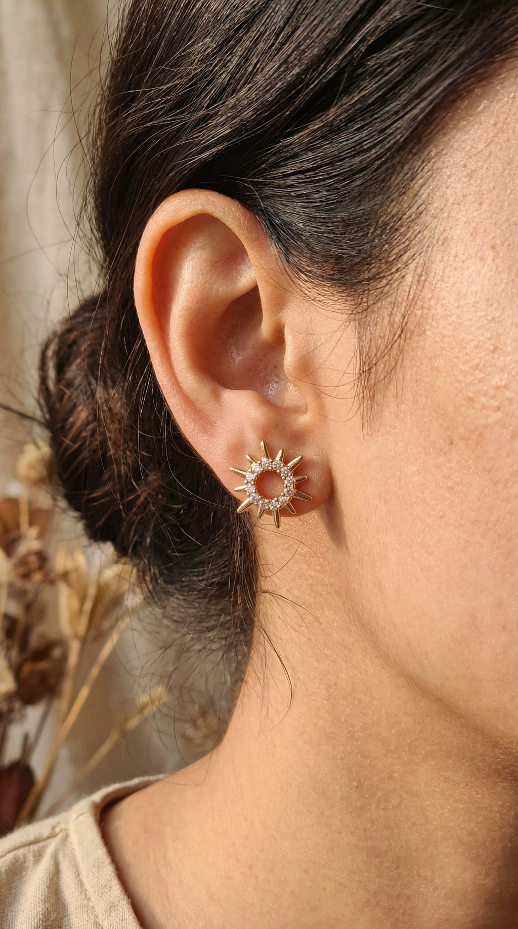 Golden Sunburst Crystal Stud Earrings