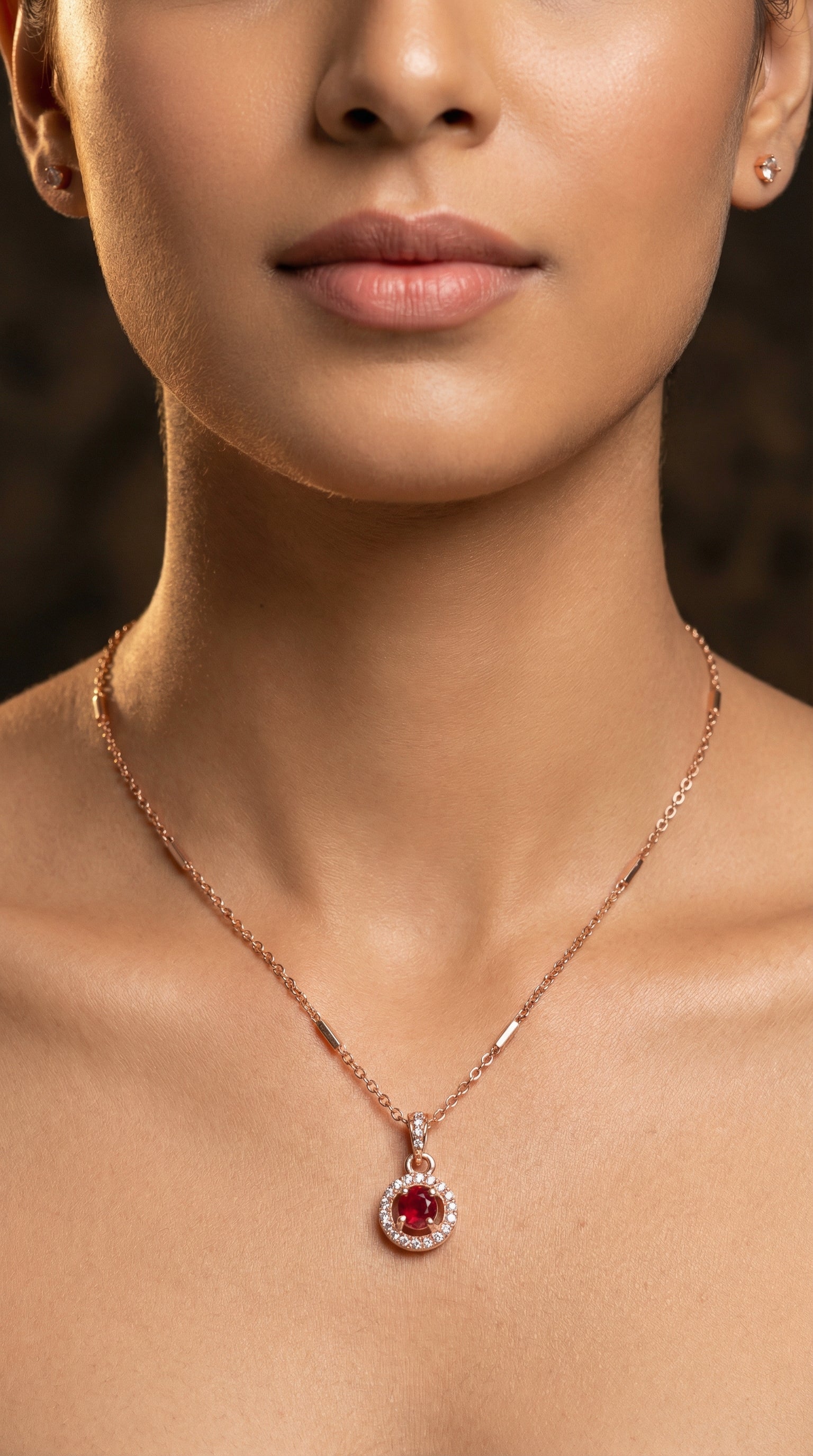 Elegant Ruby Halo Round Pendant Necklace