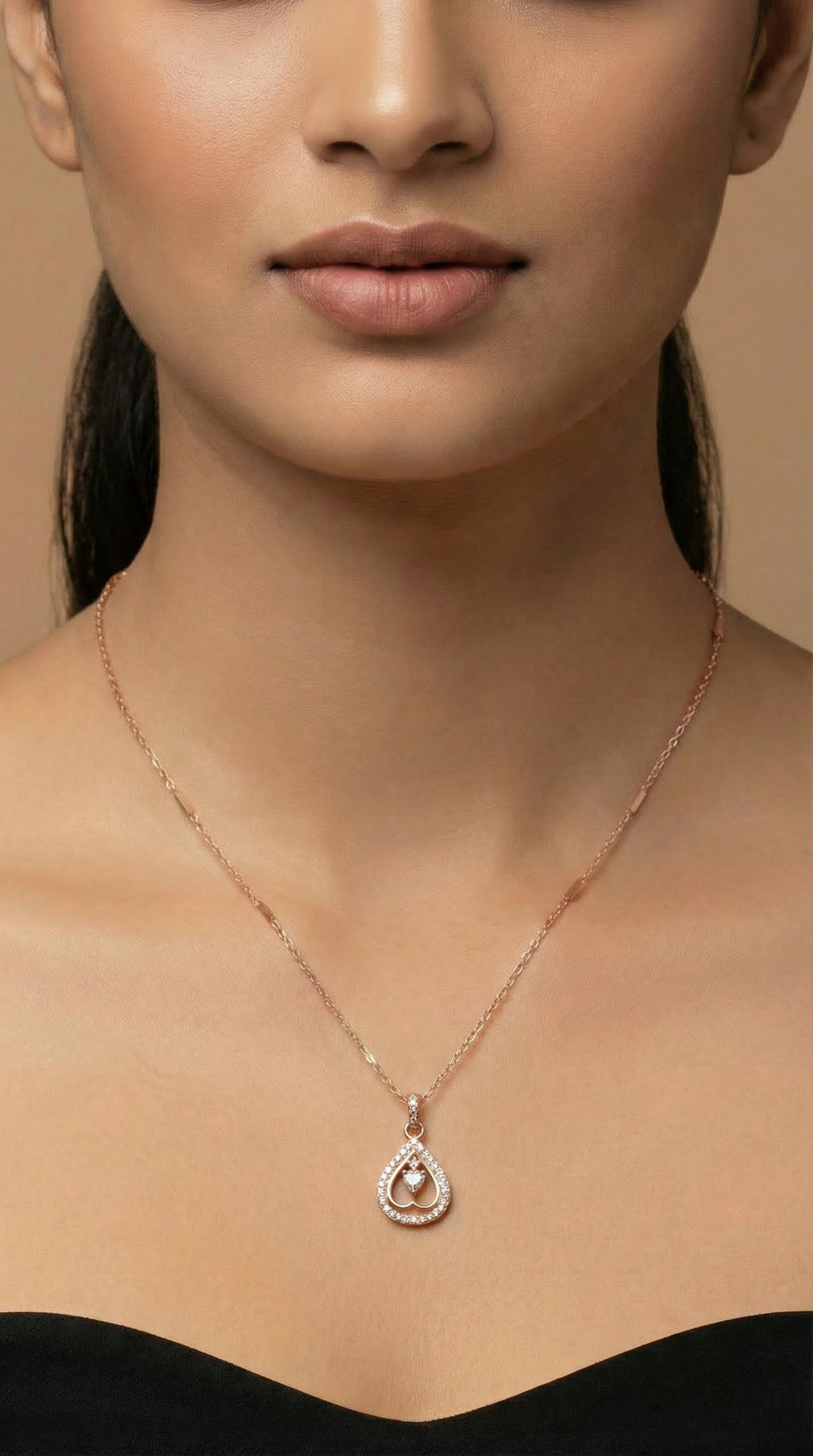 Rose Gold Heart Teardrop Crystal Pendant Necklace