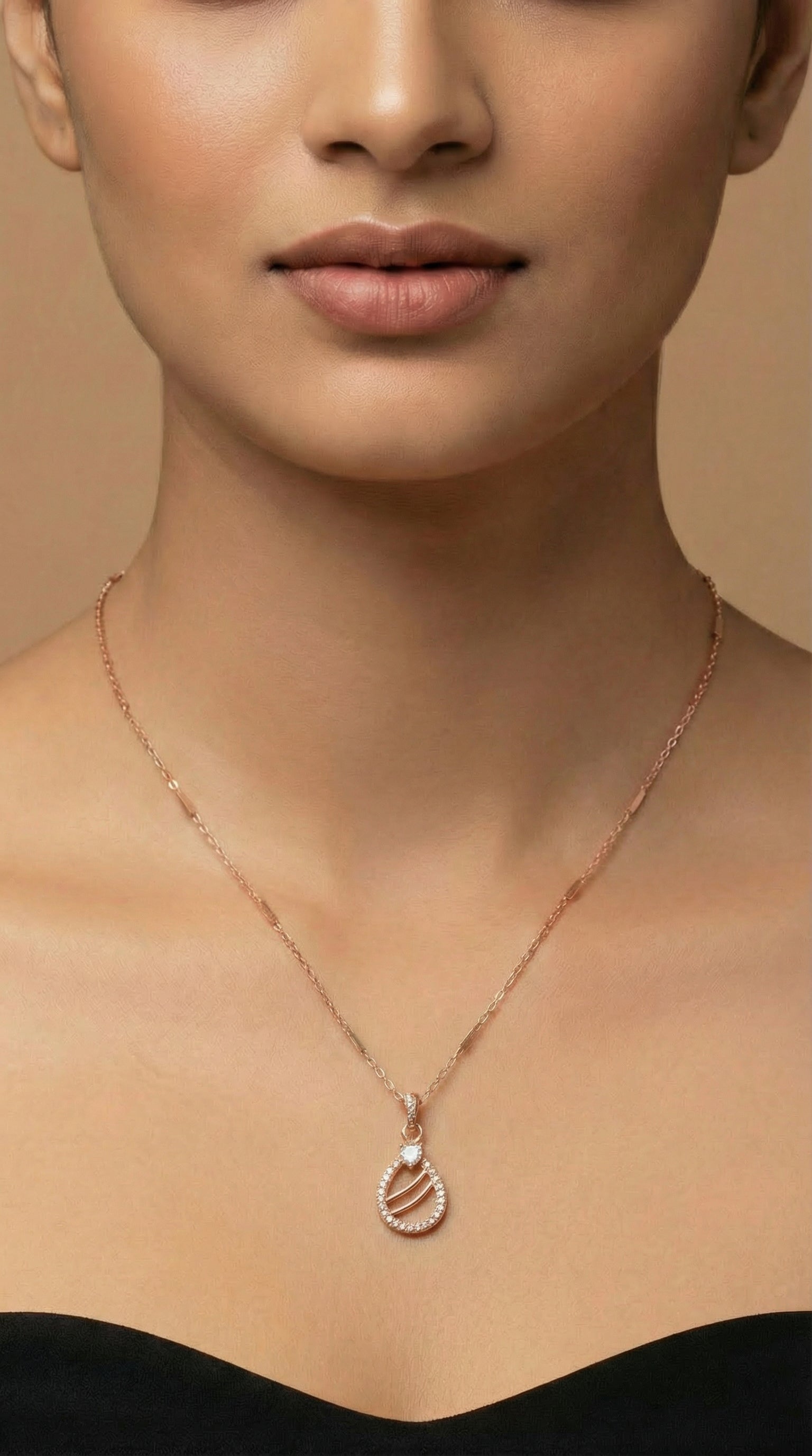 Rose Gold Wave Teardrop Crystal Pendant Necklace