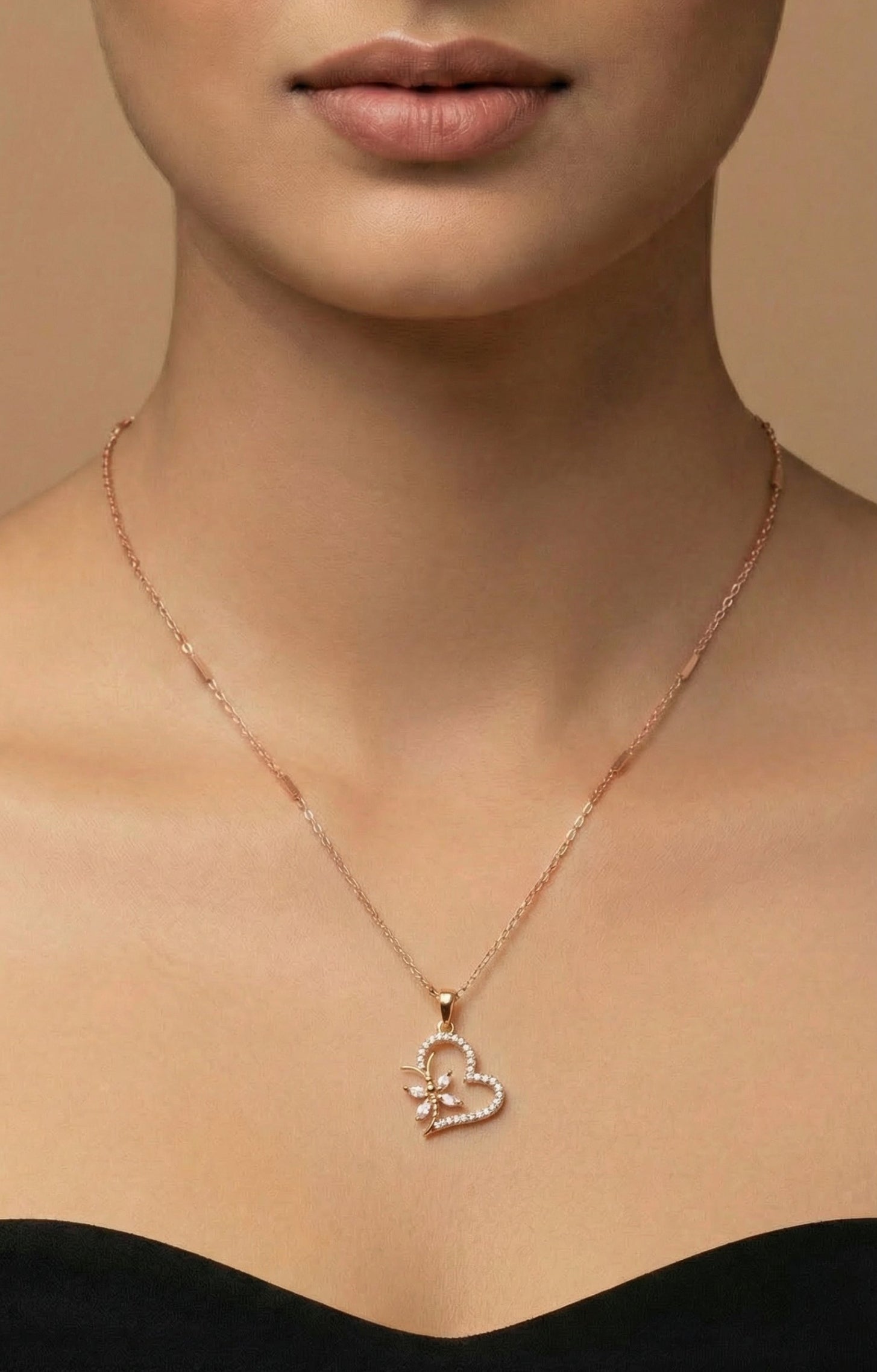 Elegant Butterfly Heart Crystal Pendant Necklace