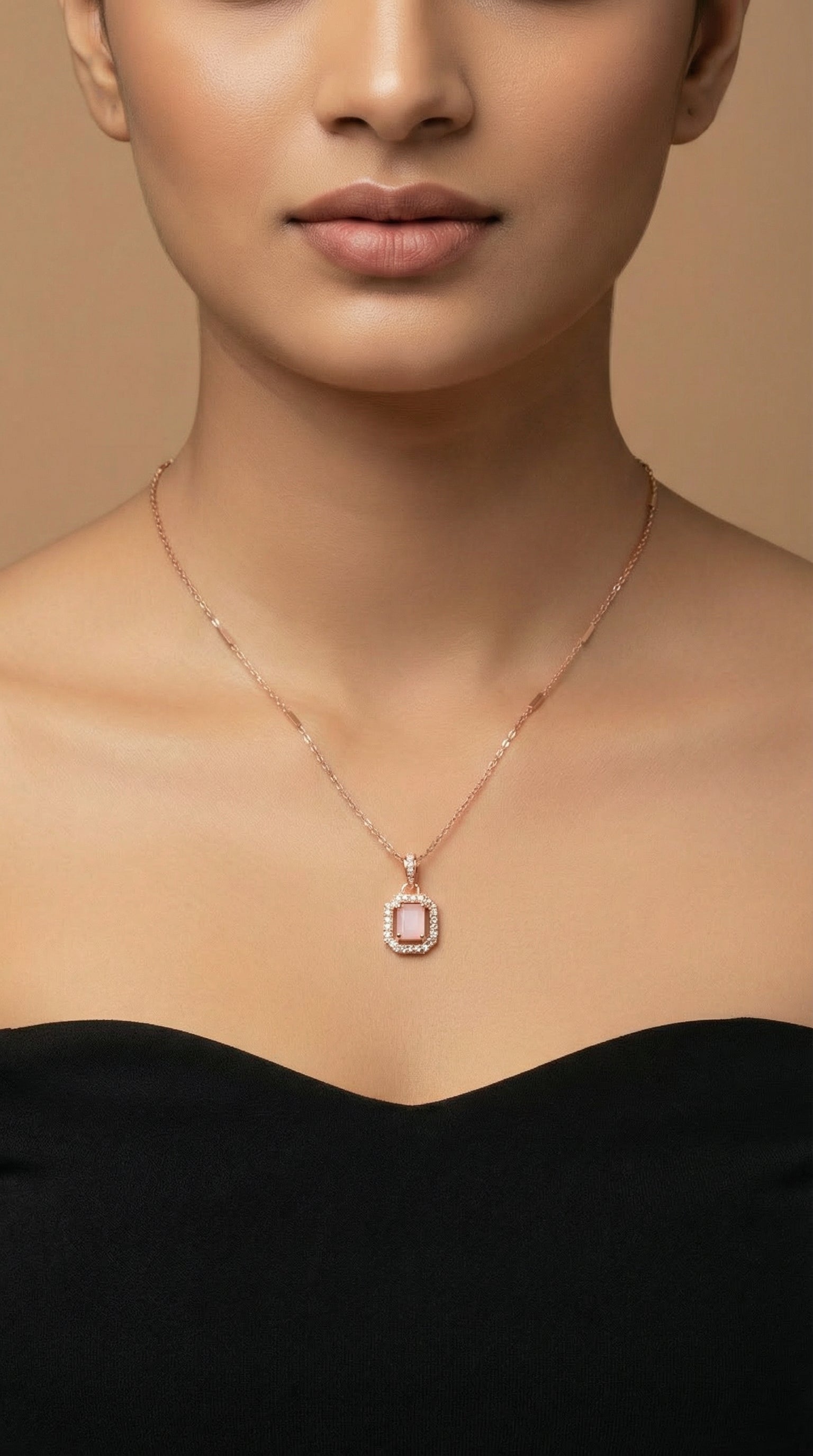 Elegant Pink Halo Square Pendant Necklace