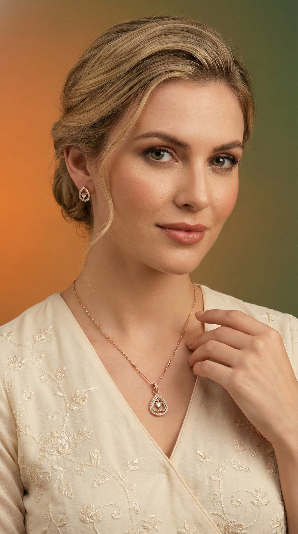Rose Gold Heart Teardrop Crystal Pendant Necklace