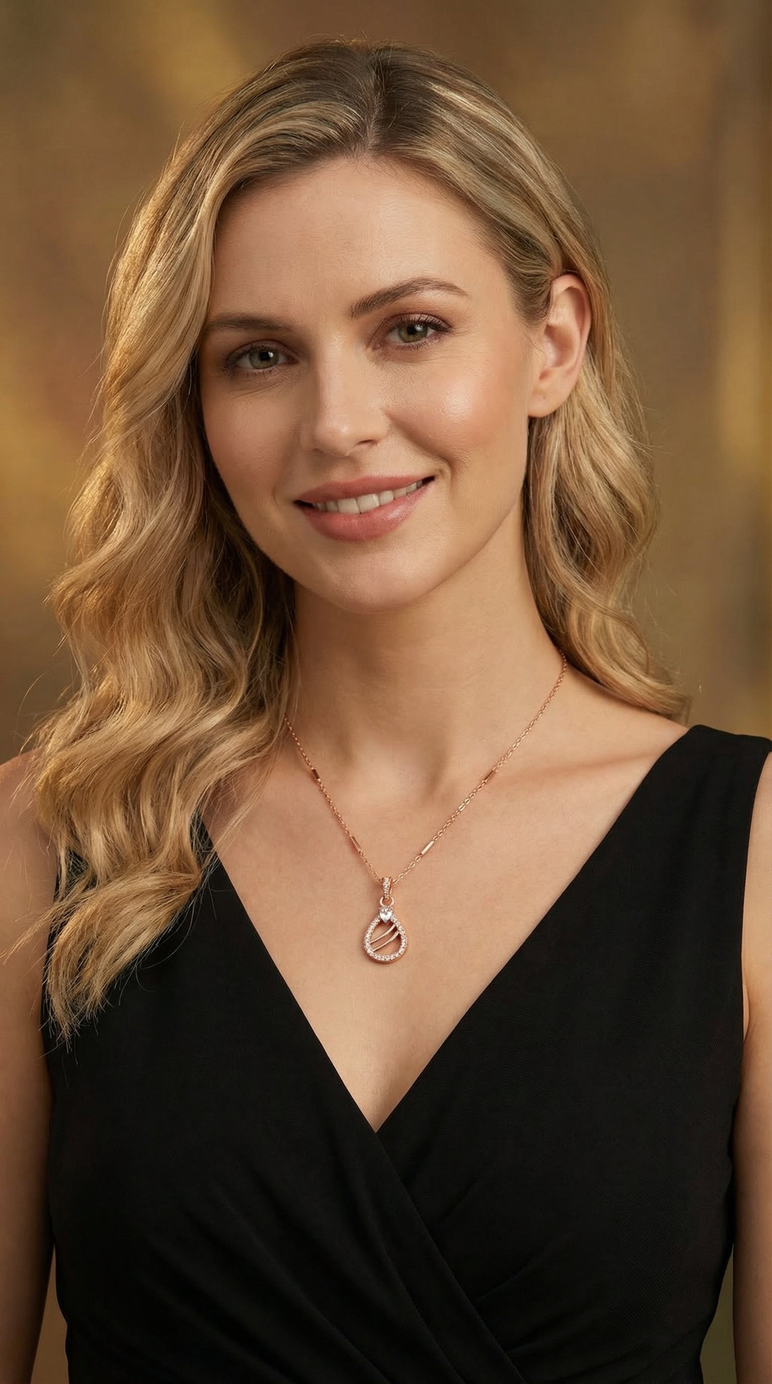 Rose Gold Wave Teardrop Crystal Pendant Necklace