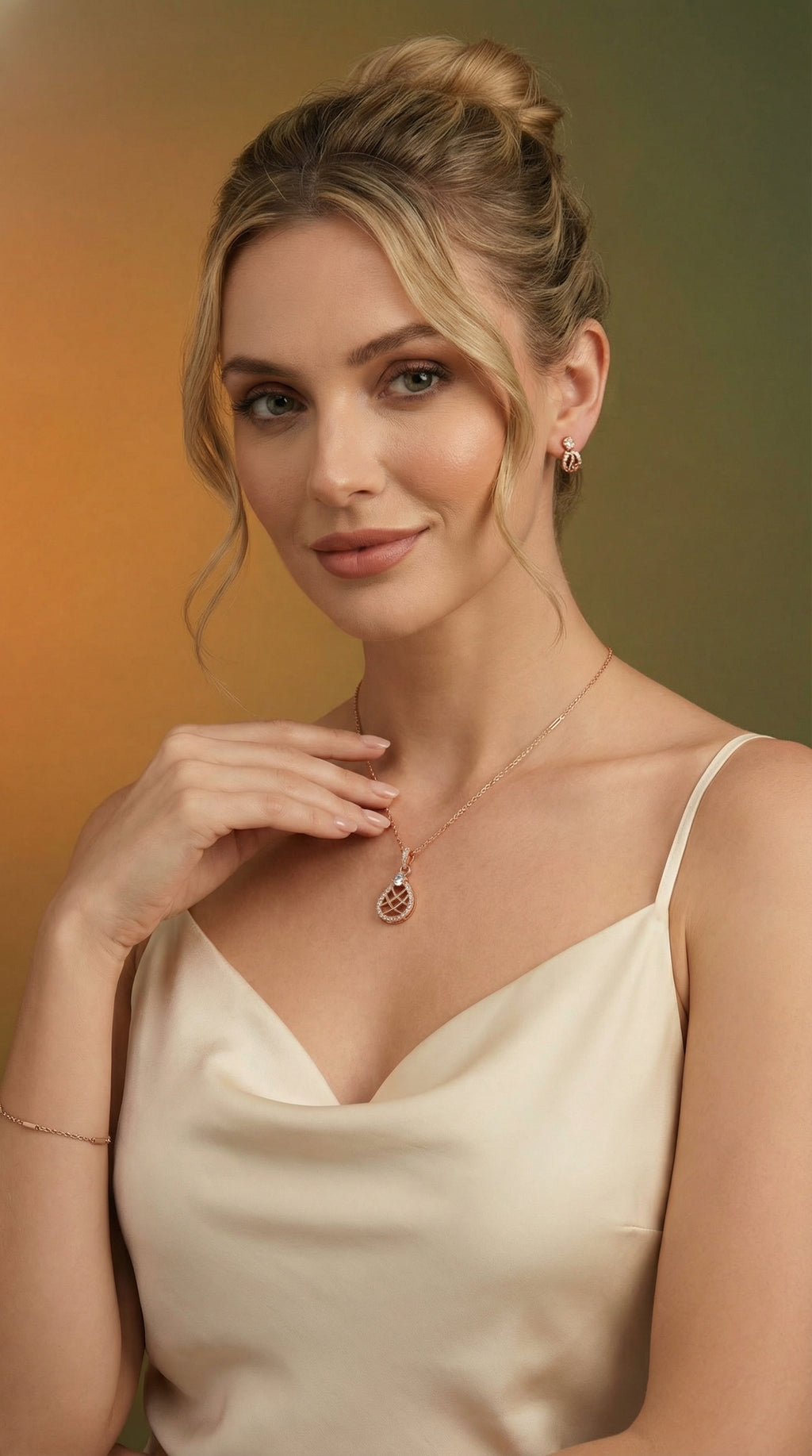 Rose Gold Lattice Teardrop Crystal Pendant Necklace