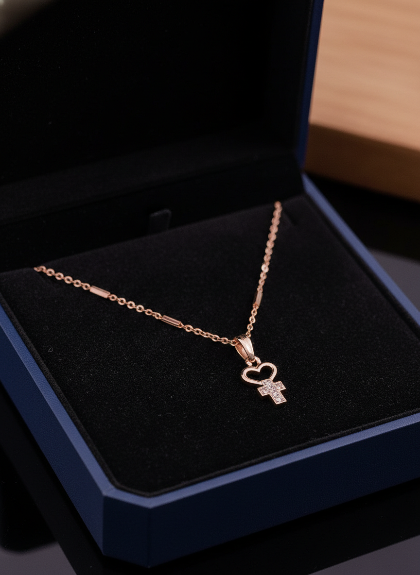Elegant Heart Cross Crystal Necklace