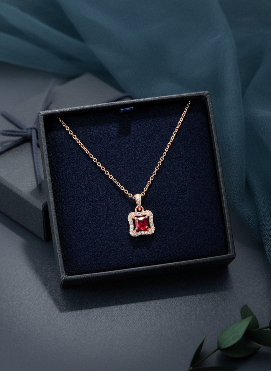 Elegant Ruby Halo Square Pendant Necklace